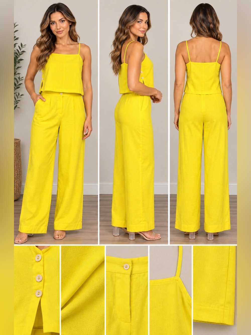 Yellow Wide-Leg Linen-Blend two piece   Jumpsuit